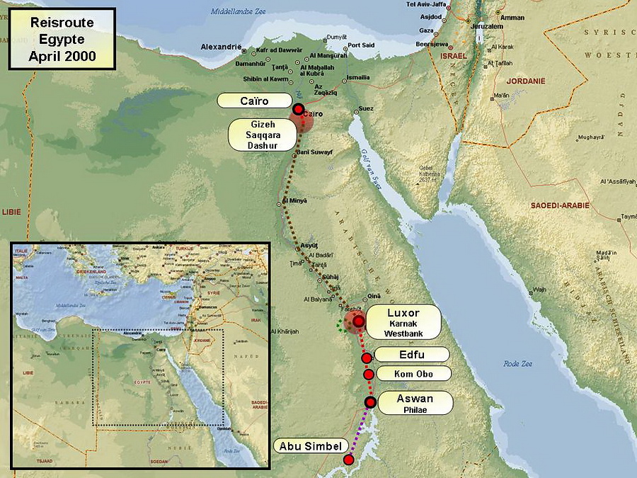 Reisroute / Kaart Met de organisatie KrisKras trok ik in 2000 10 dagen langsheen de Nijl van Caïro tot Aswan. We bezochten alle indrukwekkende historische sites zoals Gizeh, Saqqara, Dashur, Luxor, Karnak, Edfu, Kom Obo, Phillae en Abu Simbel. Stefan Cruysberghs